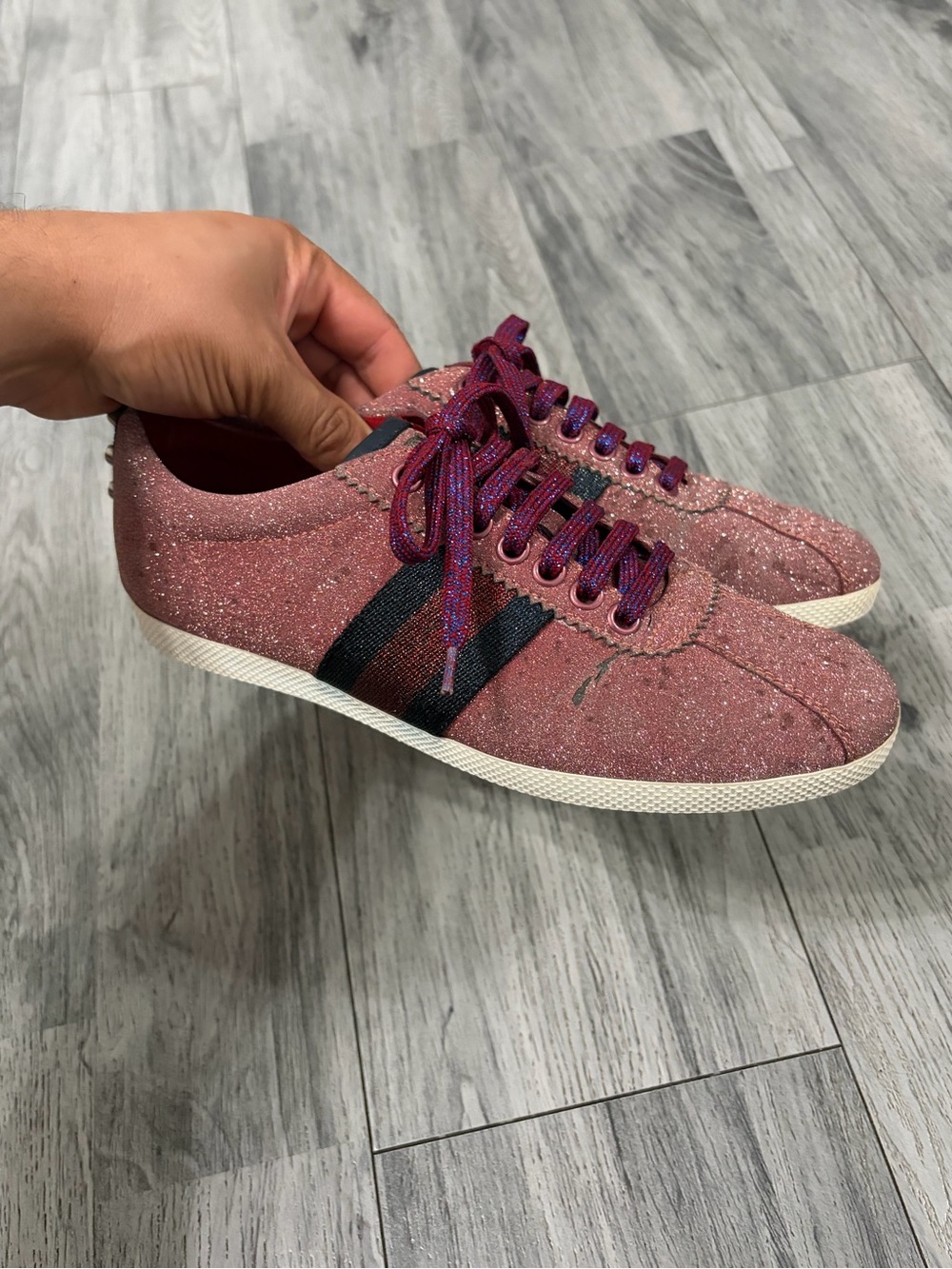 Gucci Bambi Pink Glitter Low-Top Sneakers with Navy/Red Stripes